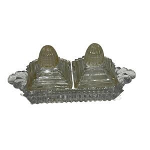 VTG  Irice Small Salt/Pepper Clear Tiered Square  Cut Glass Shakers with Tray